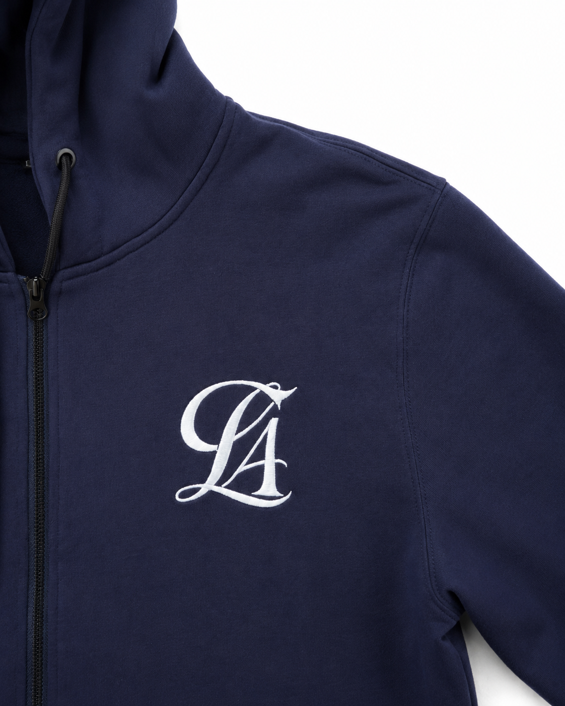 Embroidered Clasify logo detail on the navy zip hoodie