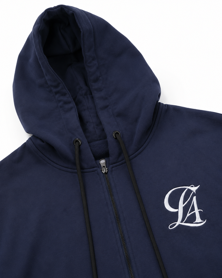 Hood and drawstring detail on the navy Clasify Zip Hoodie