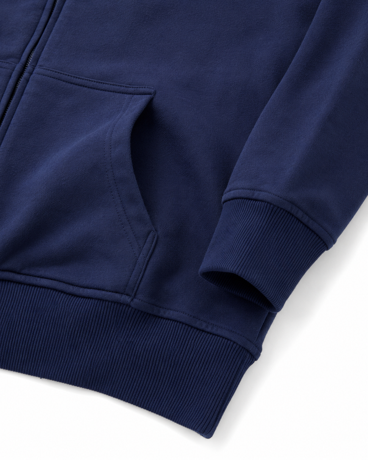Cuff and hem ribbing detail on the navy Clasify Zip Hoodie