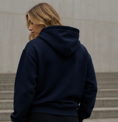 Back view of the CLASIFY navy zip hoodie